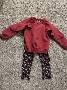 Blueberi Boulevard Brick Red Ruffle Sweatshirt with Navy Floral Leggings